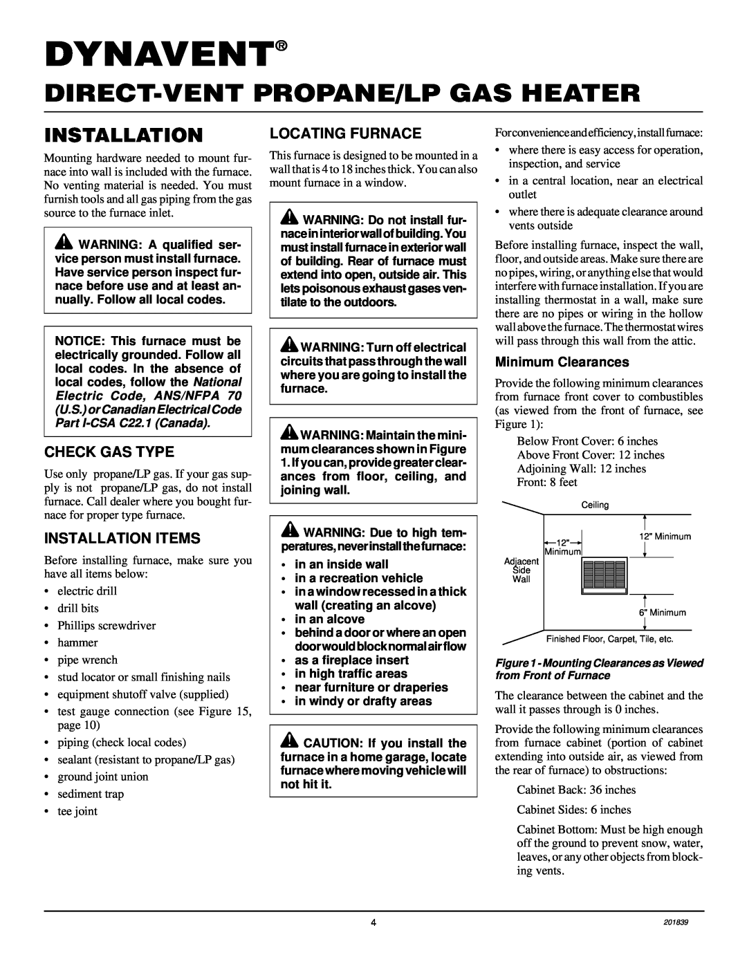 Desa DNV25PB, DNV40PB Dynavent, Direct-Ventpropane/Lp Gas Heater, Check Gas Type, Installation Items, Locating Furnace 