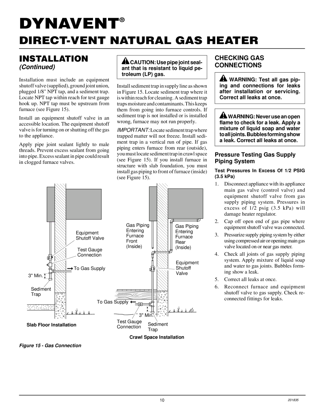 Desa DNV40NB, DNV25NB installation manual Checking GAS Connections, Pressure Testing Gas Supply Piping System 