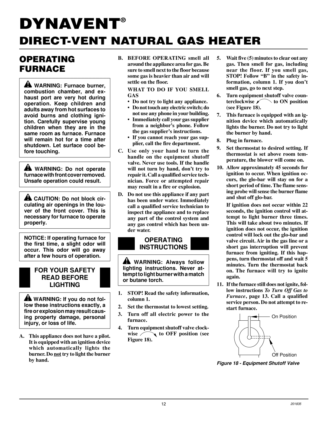 Desa DNV40NB, DNV25NB installation manual Operating Furnace, For Your Safety Read Before Lighting, Operating Instructions 