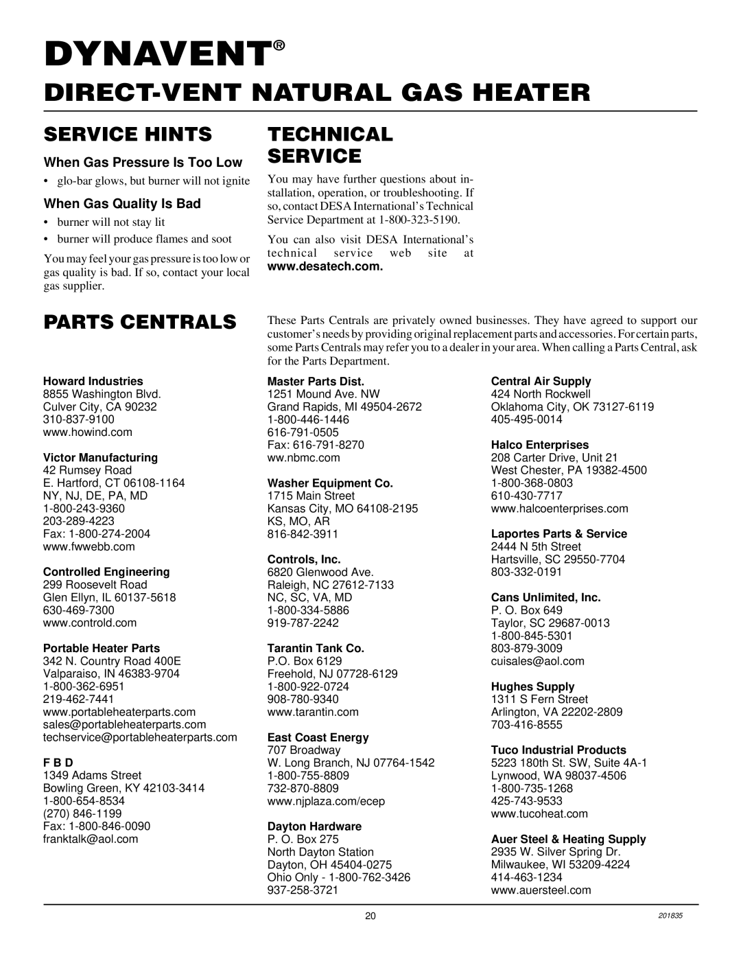 Desa DNV40NB Service Hints, Parts Centrals, Technical Service, When Gas Pressure Is Too Low, When Gas Quality Is Bad 