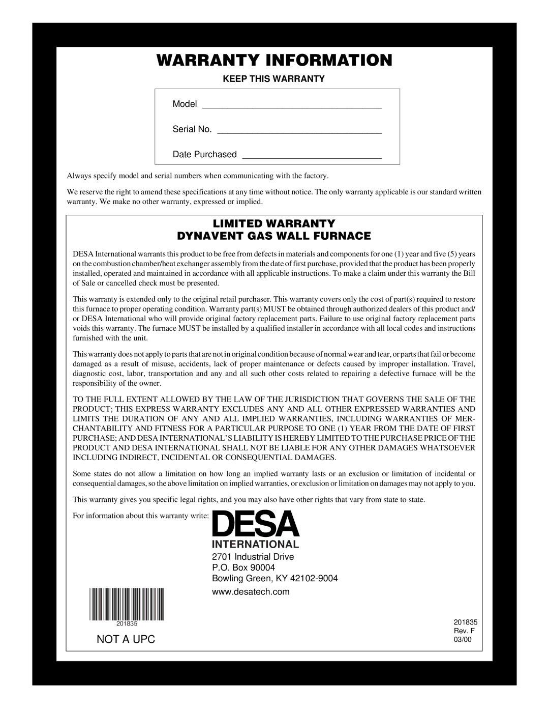 Desa DNV40NB, DNV25NB installation manual Limited Warranty Dynavent GAS Wall Furnace, International 