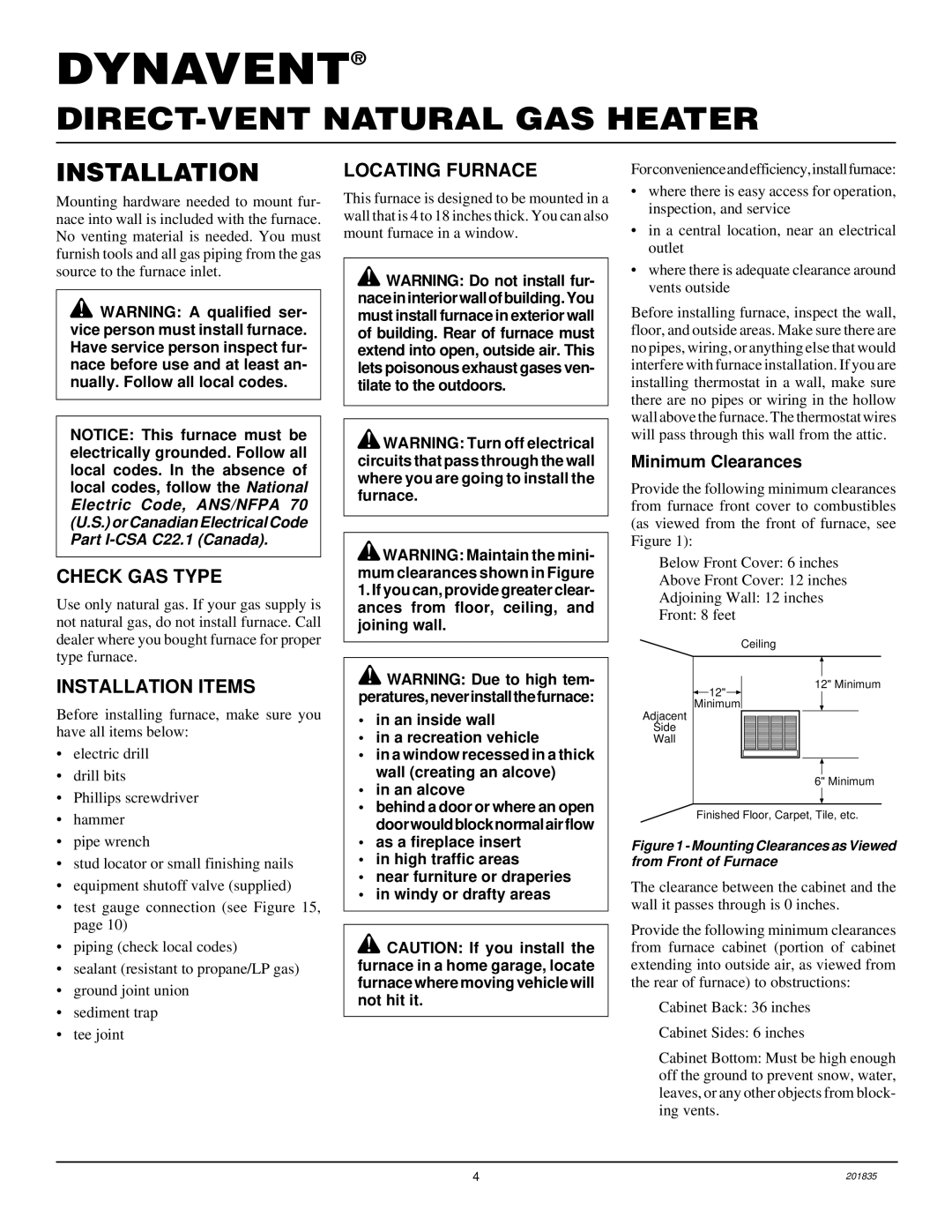 Desa DNV40NB, DNV25NB installation manual Check GAS Type, Installation Items, Locating Furnace, Minimum Clearances 