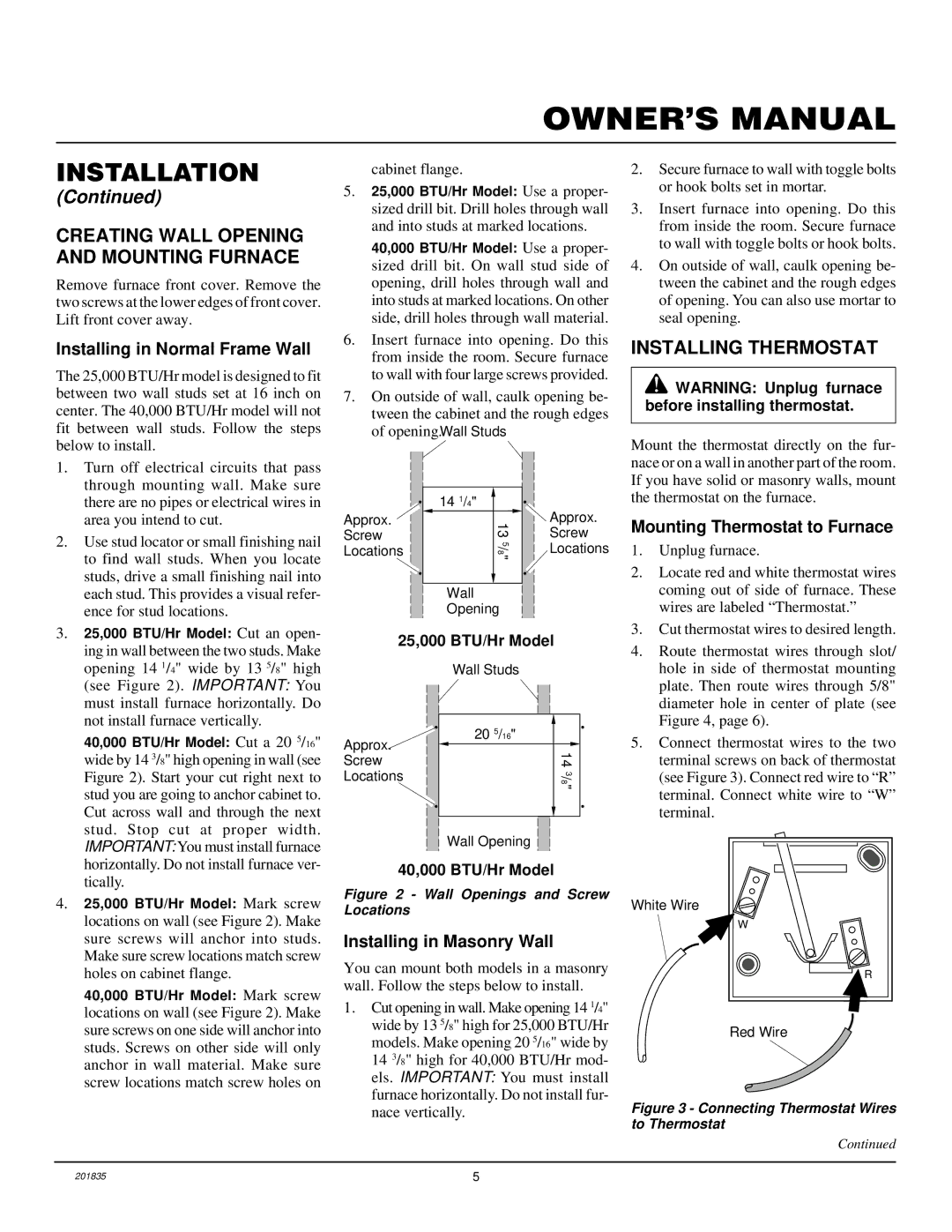 Desa DNV25NB, DNV40NB Creating Wall Opening and Mounting Furnace, Installing Thermostat, Installing in Normal Frame Wall 