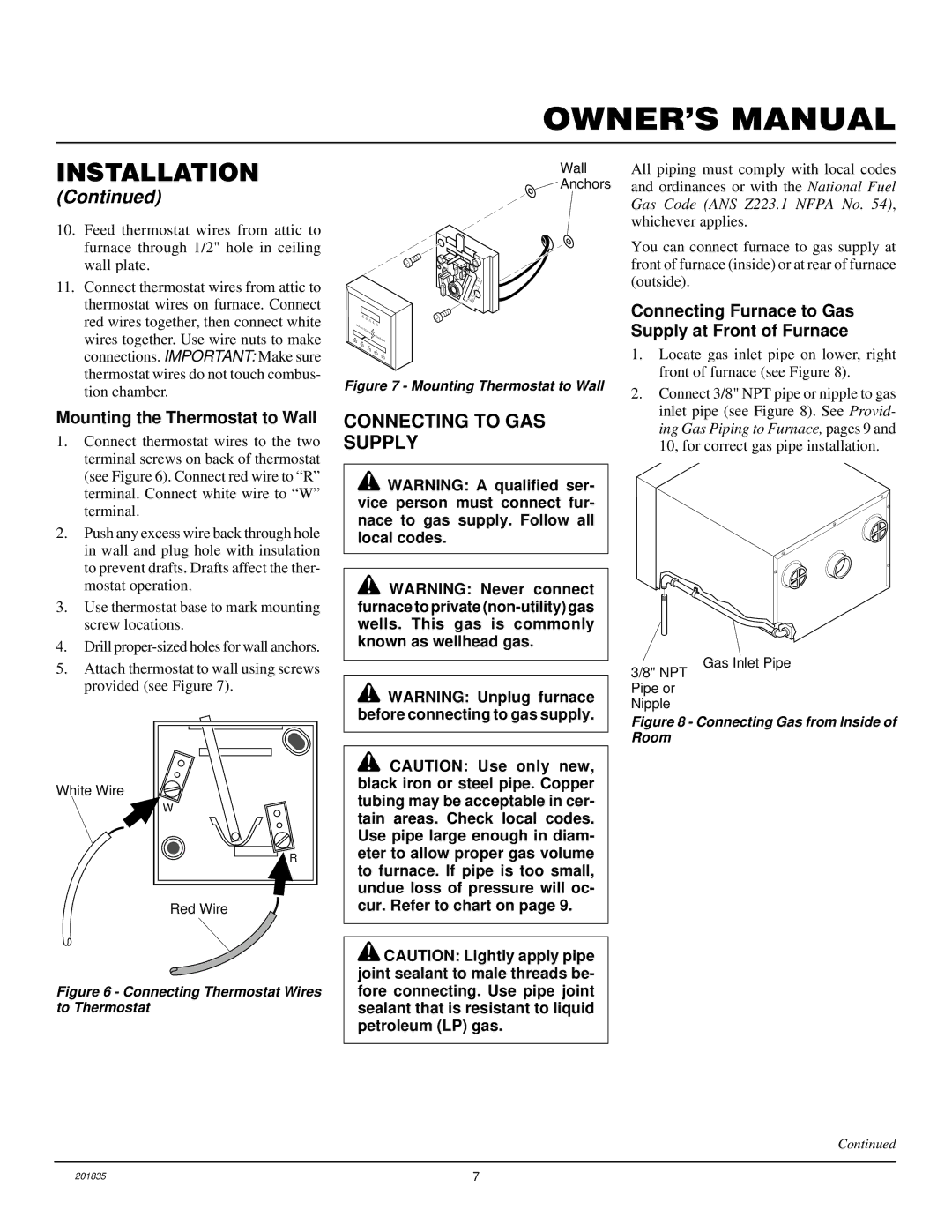 Desa DNV25NB, DNV40NB installation manual Connecting to GAS Supply, Mounting the Thermostat to Wall 