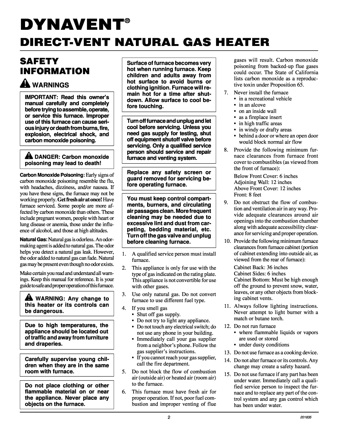 Desa DNV40NB, DNV25NB installation manual Dynavent, Direct-Ventnatural Gas Heater, Safety Information 