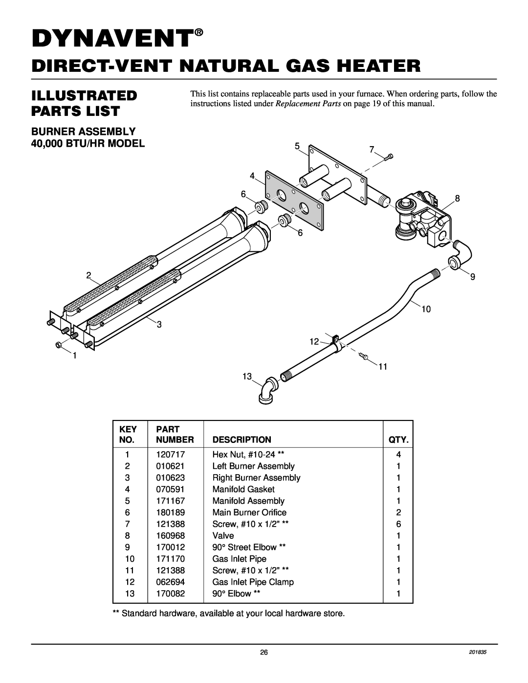 Desa DNV40NB, DNV25NB installation manual Dynavent, Direct-Ventnatural Gas Heater, Illustrated Parts List, 29 10 3 