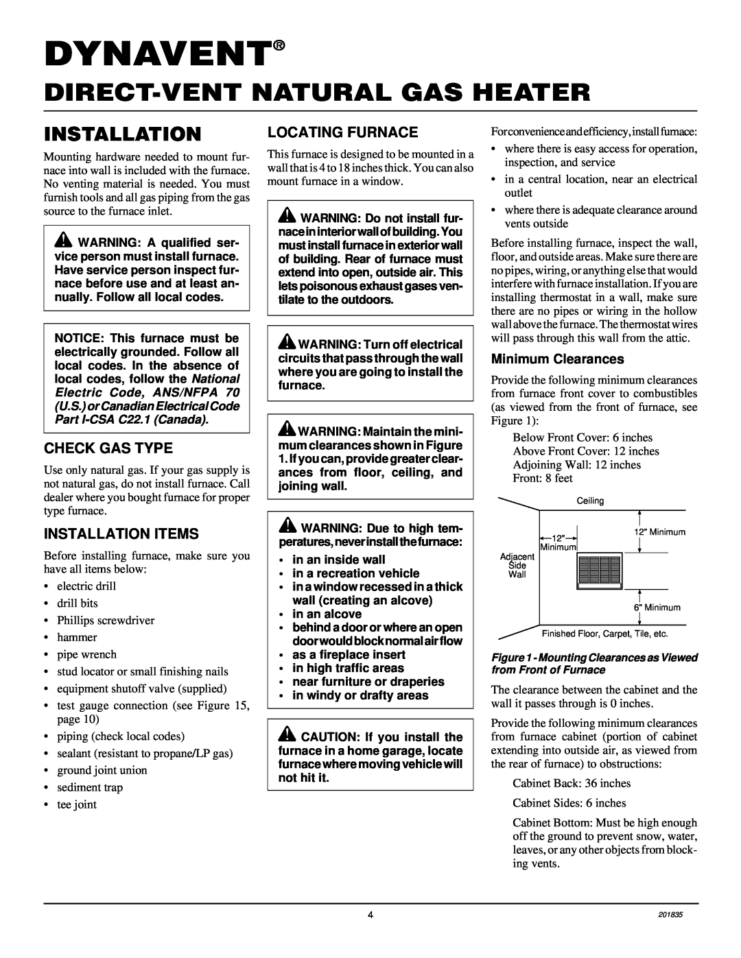 Desa DNV40NB, DNV25NB Dynavent, Direct-Ventnatural Gas Heater, Check Gas Type, Installation Items, Locating Furnace 