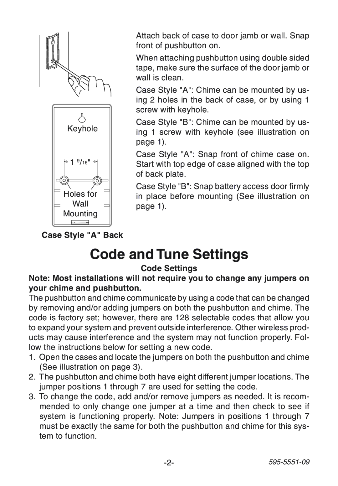 Desa Door manual Code and Tune Settings, Case Style a Back, Code Settings 