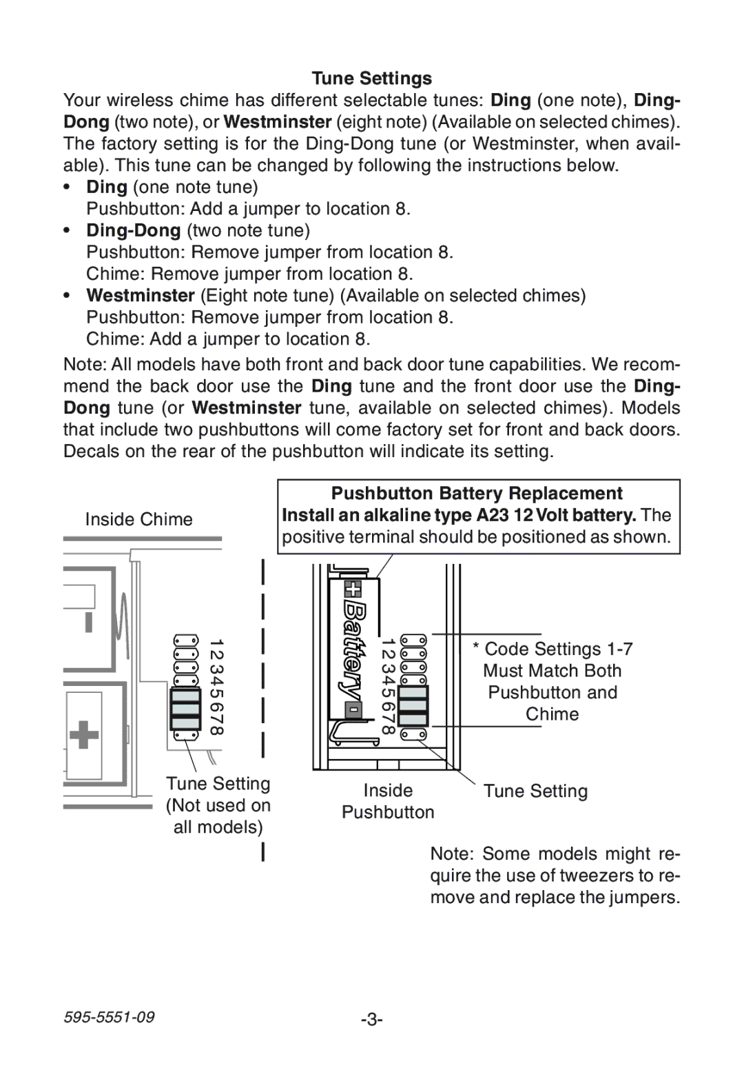 Desa Door manual Tune Settings, Pushbutton Battery Replacement 