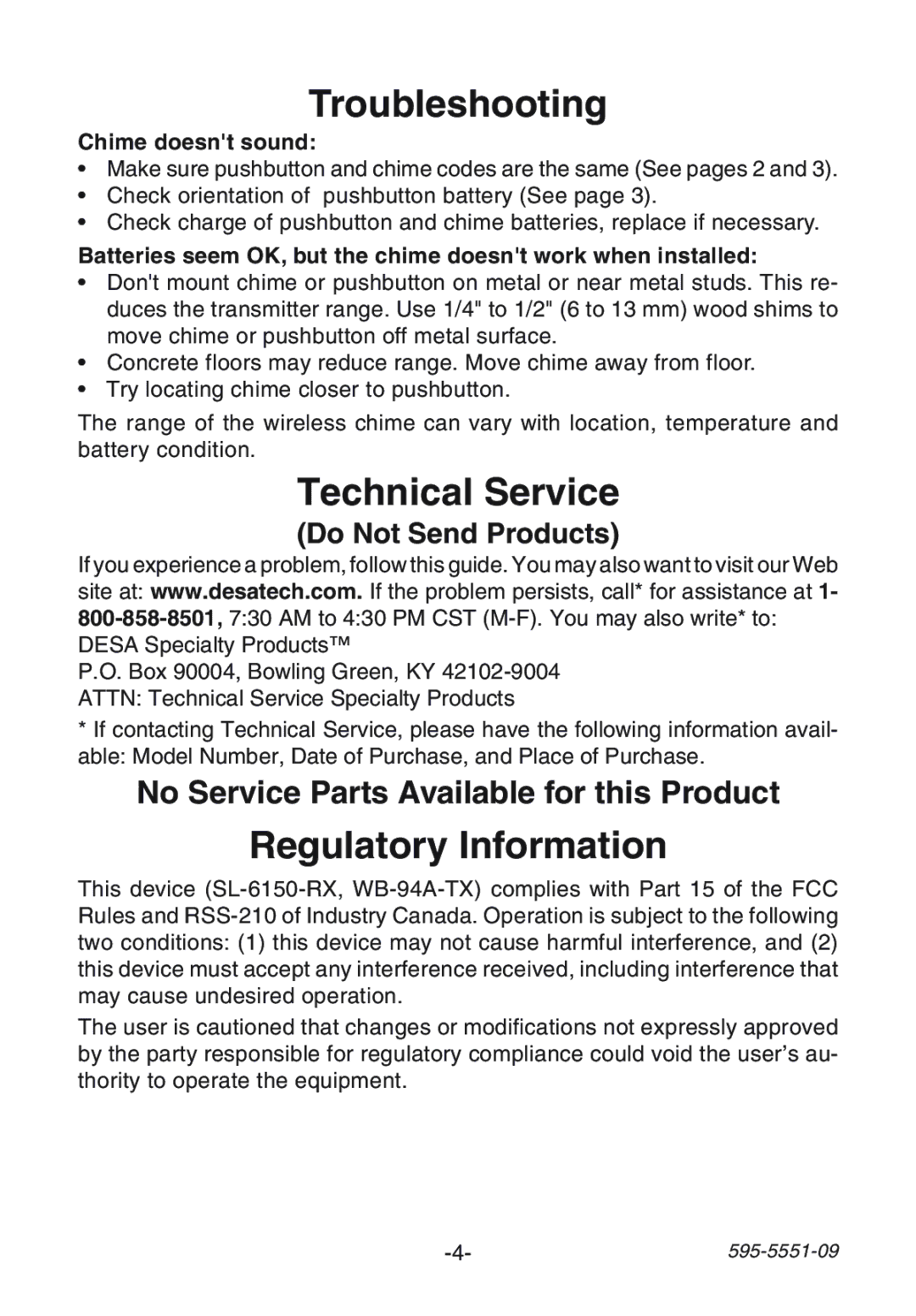 Desa Door manual Troubleshooting, Technical Service, Regulatory Information, Chime doesnt sound 