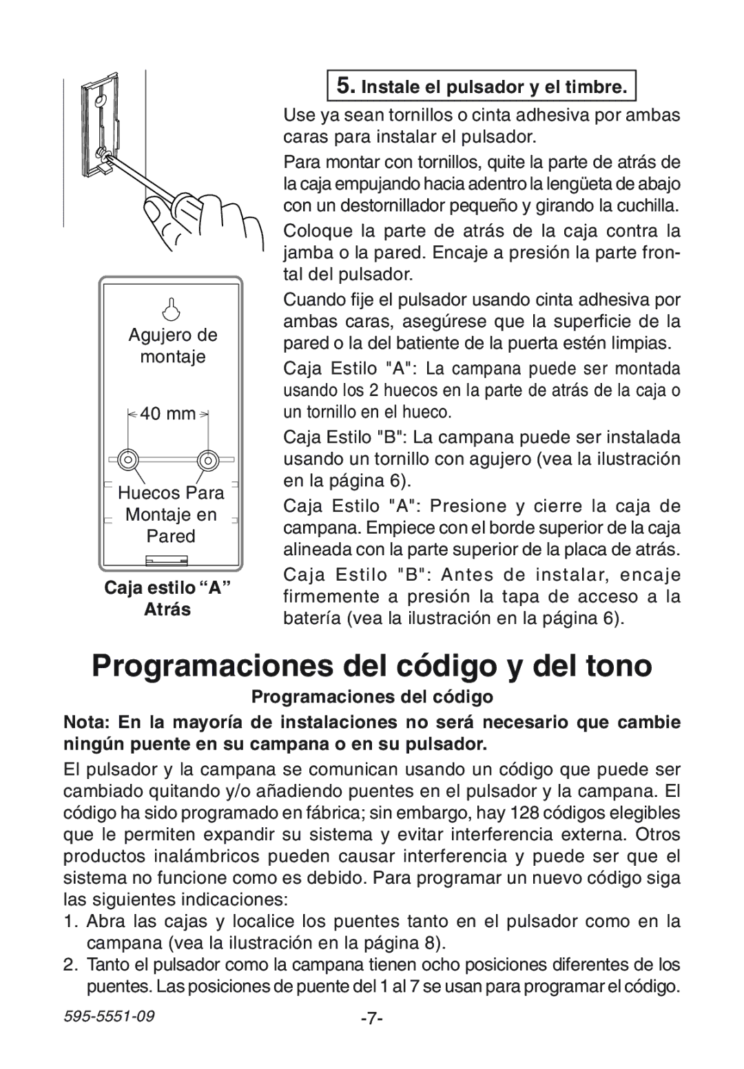 Desa Door manual Programaciones del c-digo y del tono, Caja estilo ÒAÓ Atr‡s Instale el pulsador y el timbre 