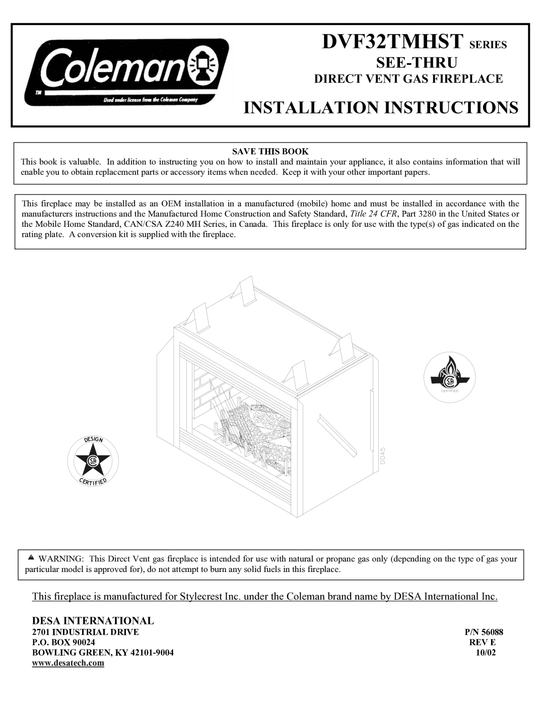 Desa DVF32TMHST installation instructions Save this Book, Industrial Drive, Rev E 