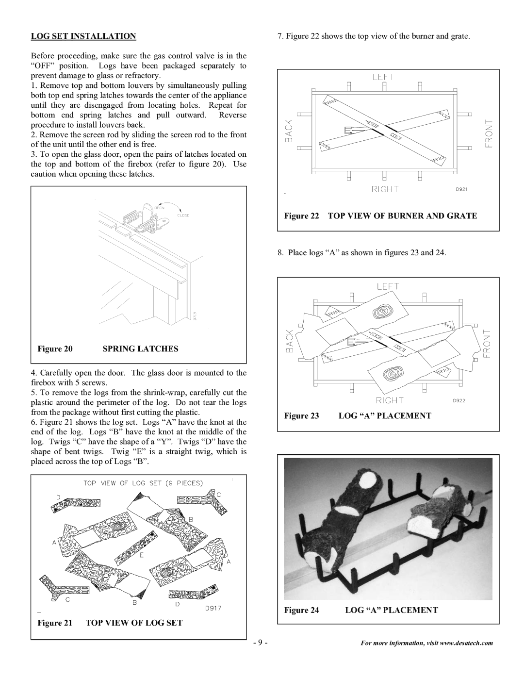 Desa DVF32TMHST installation instructions LOG SET Installation, LOG a Placement 