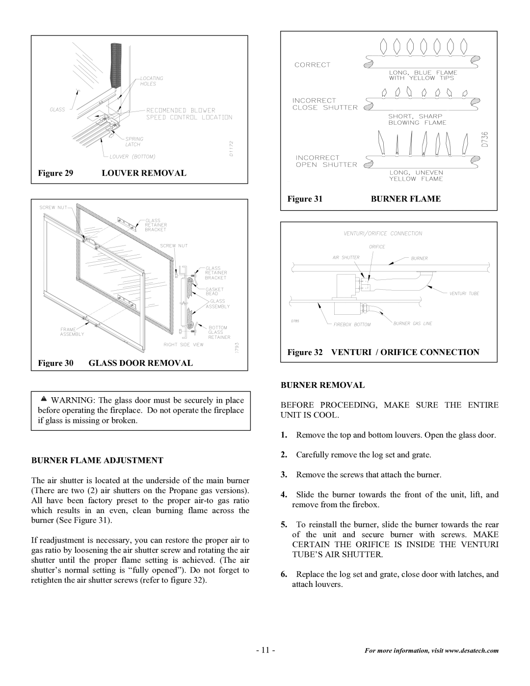 Desa DVF32TMHST installation instructions Burner Flame Adjustment, Venturi / Orifice Connection, Burner Removal 