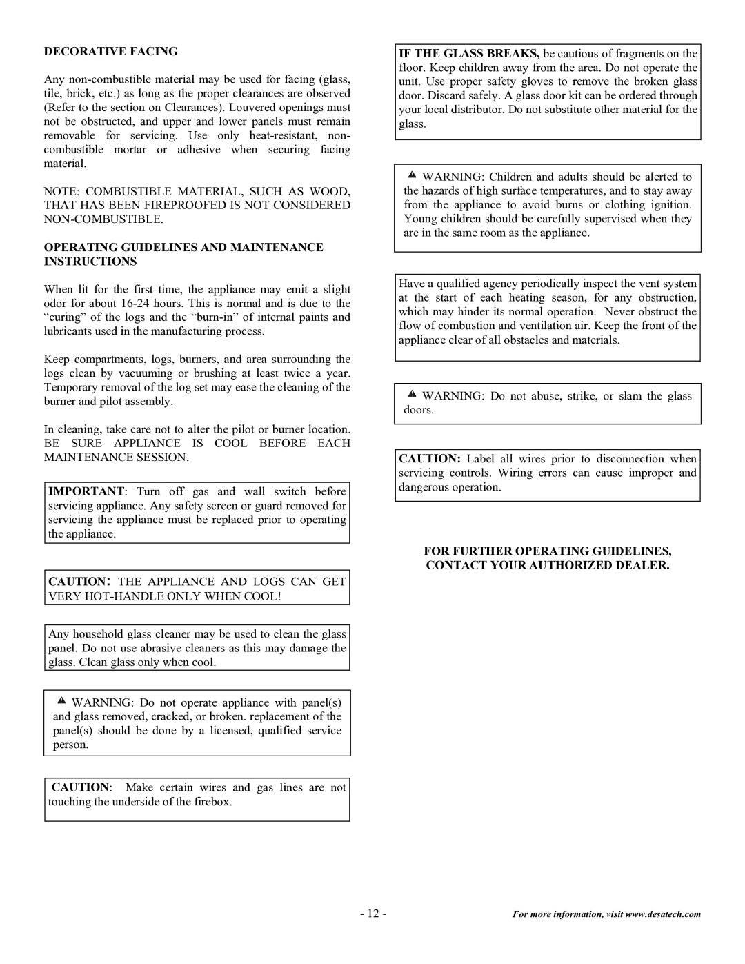 Desa DVF32TMHST installation instructions Decorative Facing, Operating Guidelines and Maintenance Instructions 