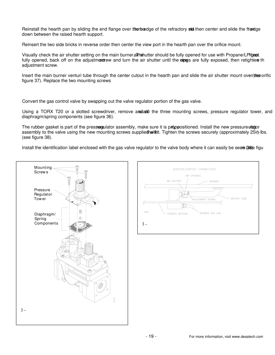 Desa DVF32TMHST installation instructions Reinstalling the Main Burner, GAS Control Valve Conversion 