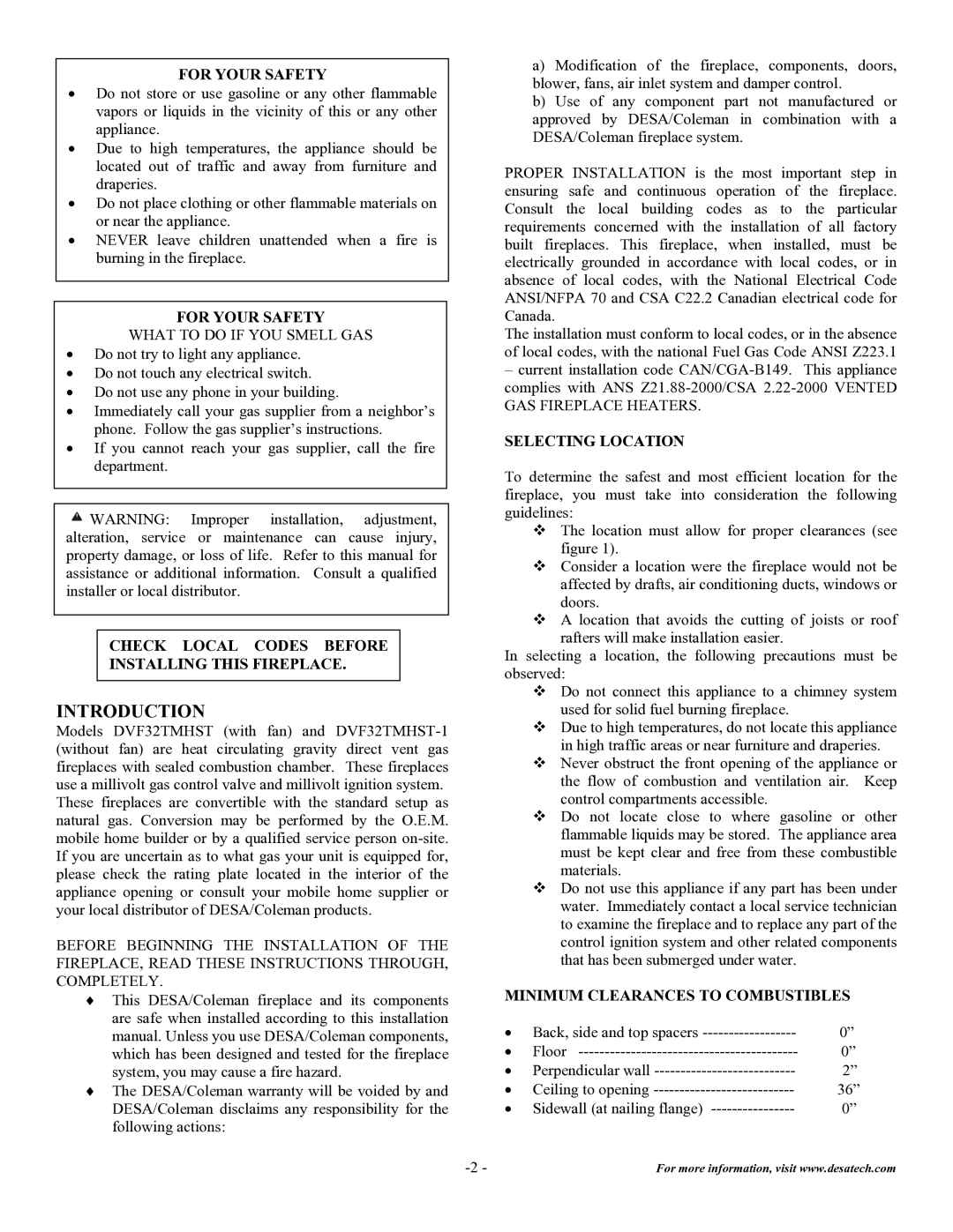Desa DVF32TMHST For Your Safety, Check Local Codes Before Installing this Fireplace, Selecting Location 