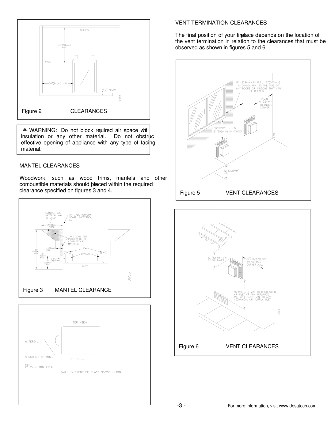 Desa DVF32TMHST installation instructions Mantel Clearances, Vent Termination Clearances, Vent Clearances 