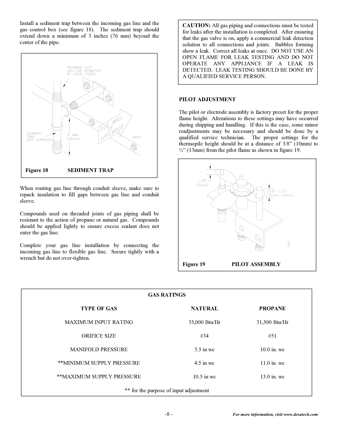 Desa DVF32TMHST Sediment Trap, Pilot Adjustment, Pilot Assembly, GAS Ratings Type of GAS Natural Propane 