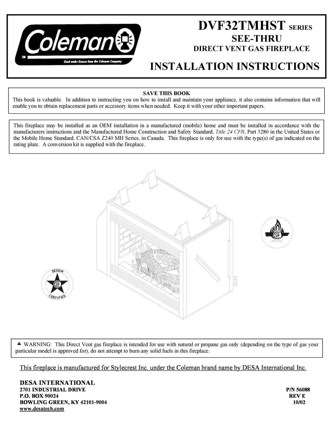 Desa DVF32TMHST installation instructions Installation Instructions, See-Thru, Desa International, Save This Book, Rev E 