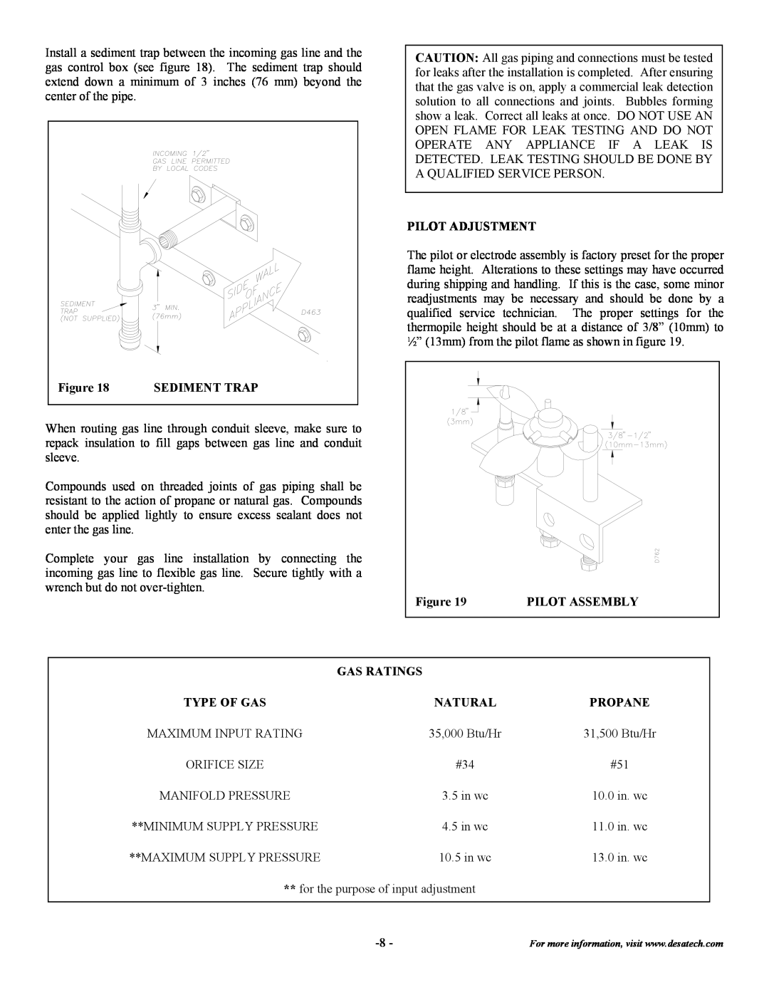 Desa DVF32TMHST Sediment Trap, Pilot Adjustment, Pilot Assembly, Gas Ratings, Type Of Gas, Natural, Propane 