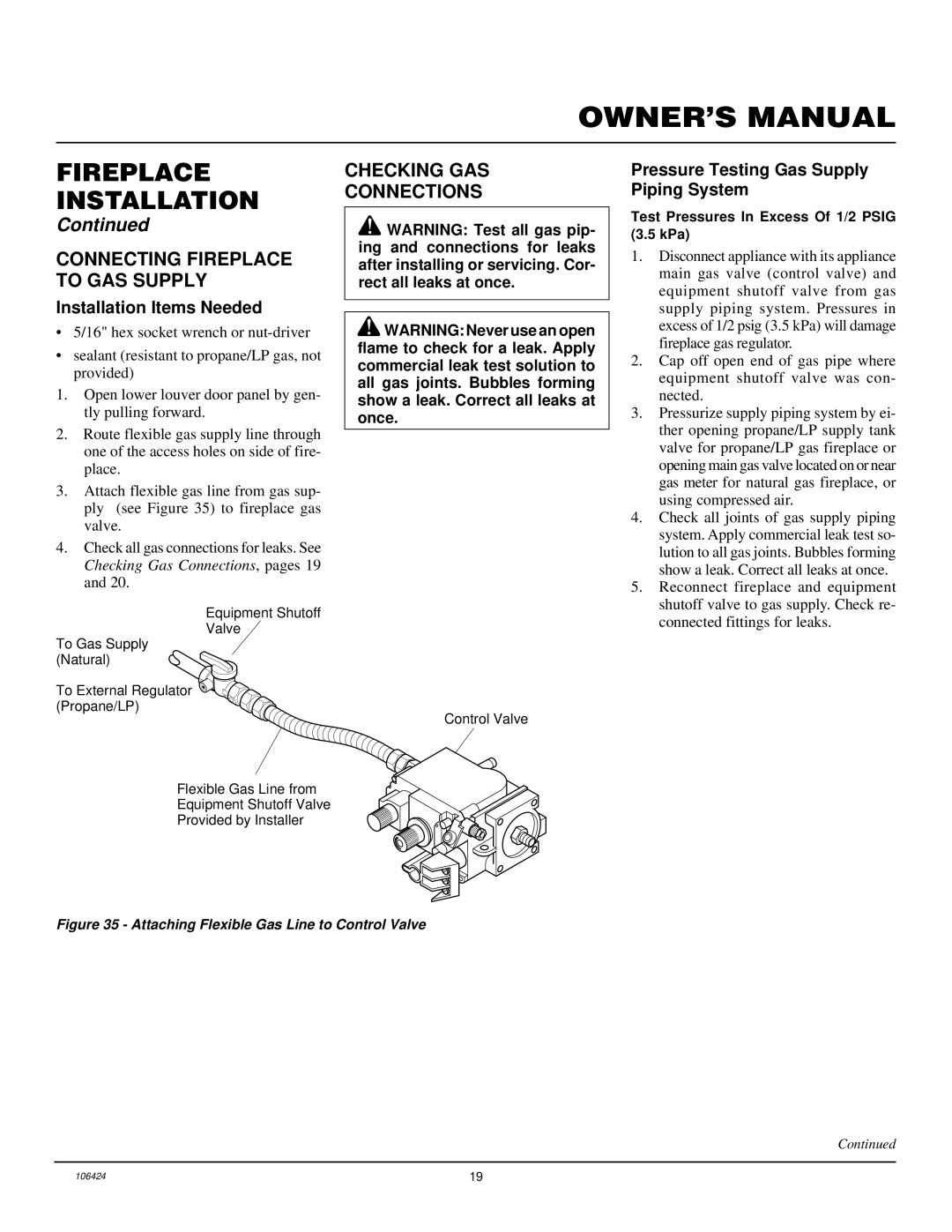 Desa DVF34P Connecting Fireplace to GAS Supply, Checking GAS Connections, Pressure Testing Gas Supply Piping System 