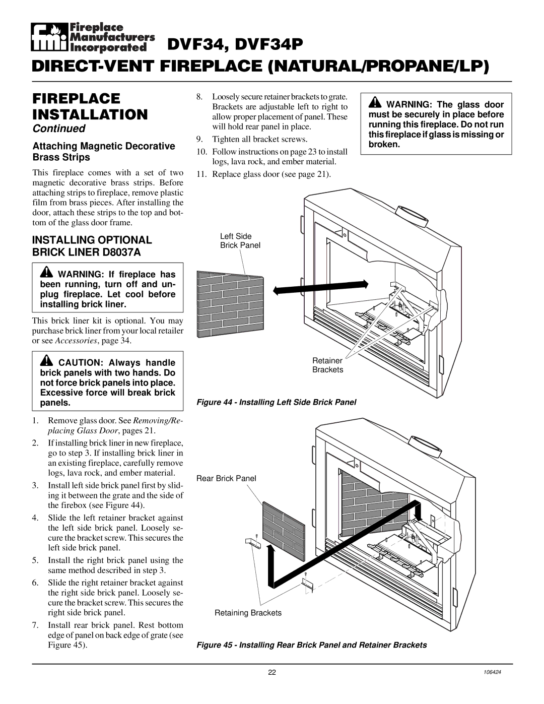 Desa DVF34P installation manual Installing Optional Brick Liner D8037A, Attaching Magnetic Decorative Brass Strips 