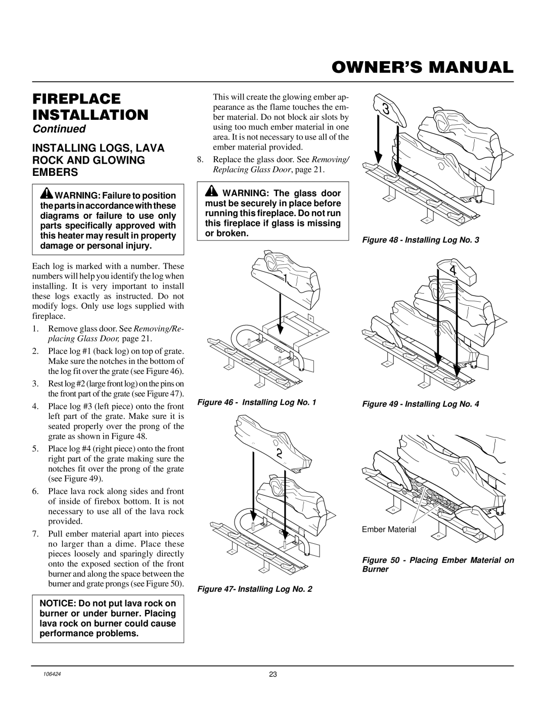 Desa DVF34P installation manual Installing LOGS, Lava Rock and Glowing Embers, Installing Log No 