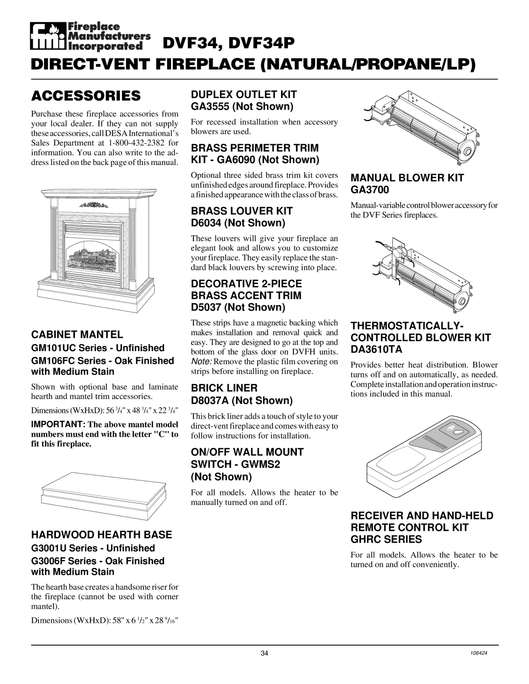 Desa DVF34P installation manual Accessories 