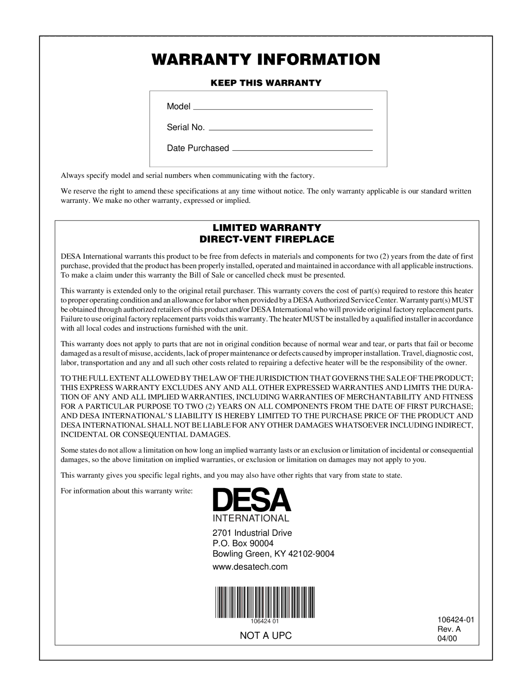 Desa DVF34P installation manual Warranty Information 