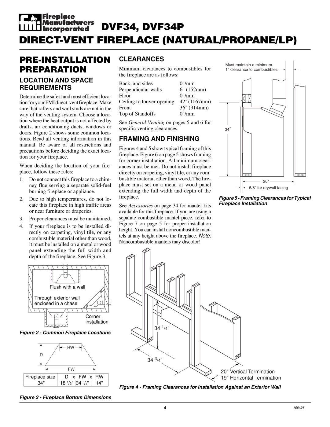 Desa DVF34P PRE-INSTALLATION Preparation, Clearances, Location and Space Requirements, Framing and Finishing 