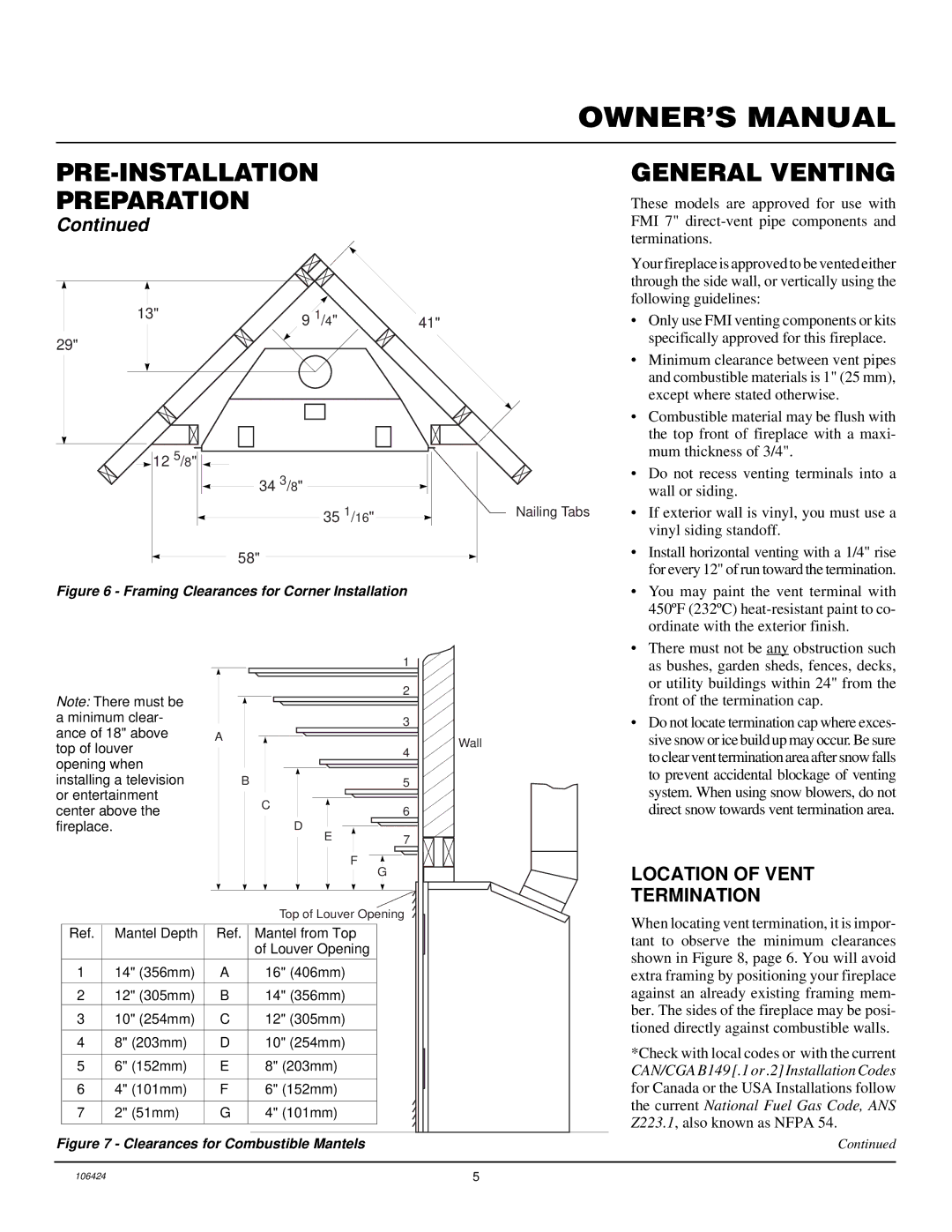 Desa DVF34P installation manual PRE-INSTALLATION General Venting Preparation, Location of Vent, Termination 