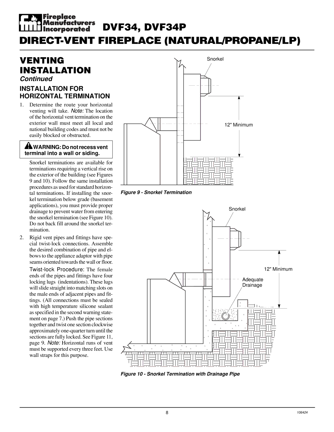 Desa DVF34P installation manual Installation for Horizontal Termination, Snorkel Termination with Drainage Pipe 