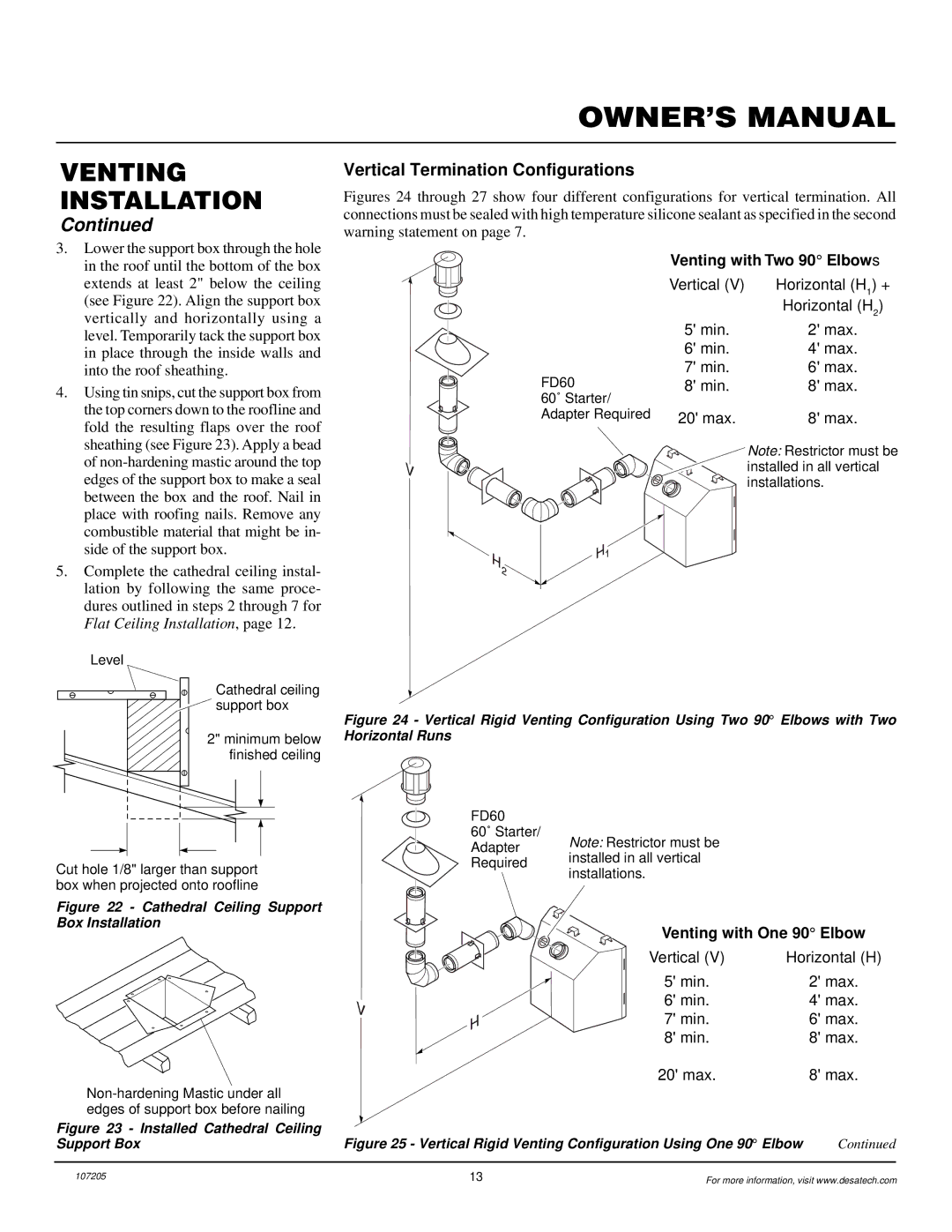 Desa DVFE34 installation manual Vertical Termination Configurations, Venting with Two 90 Elbow s 