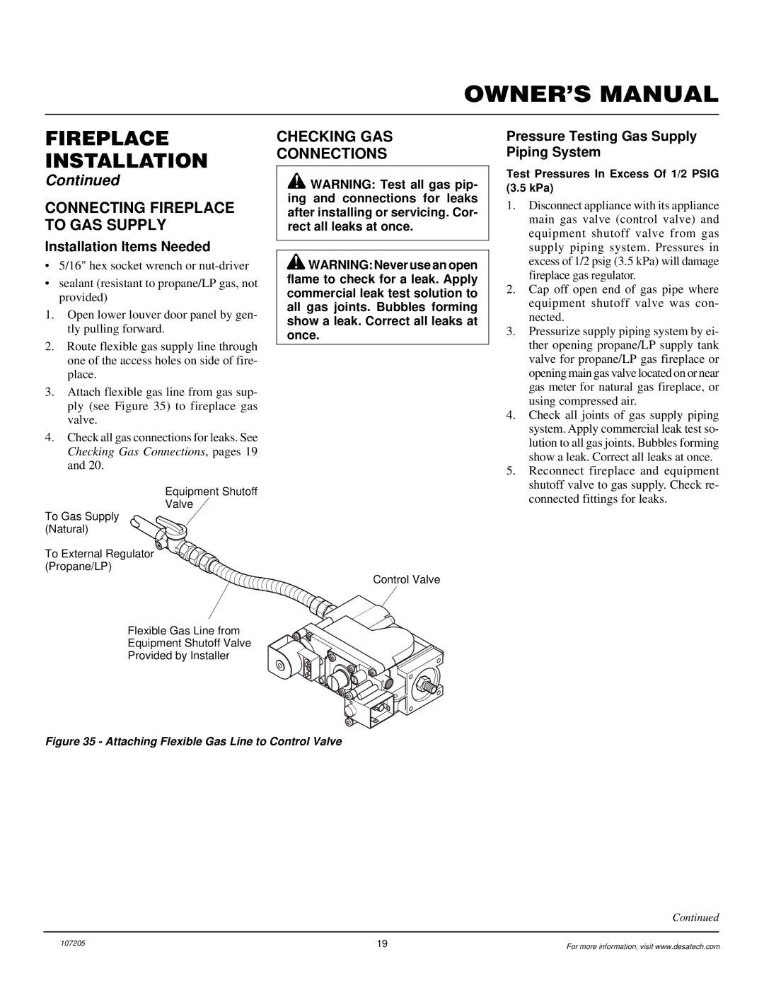 Desa DVFE34 Connecting Fireplace to GAS Supply, Checking GAS Connections, Pressure Testing Gas Supply Piping System 