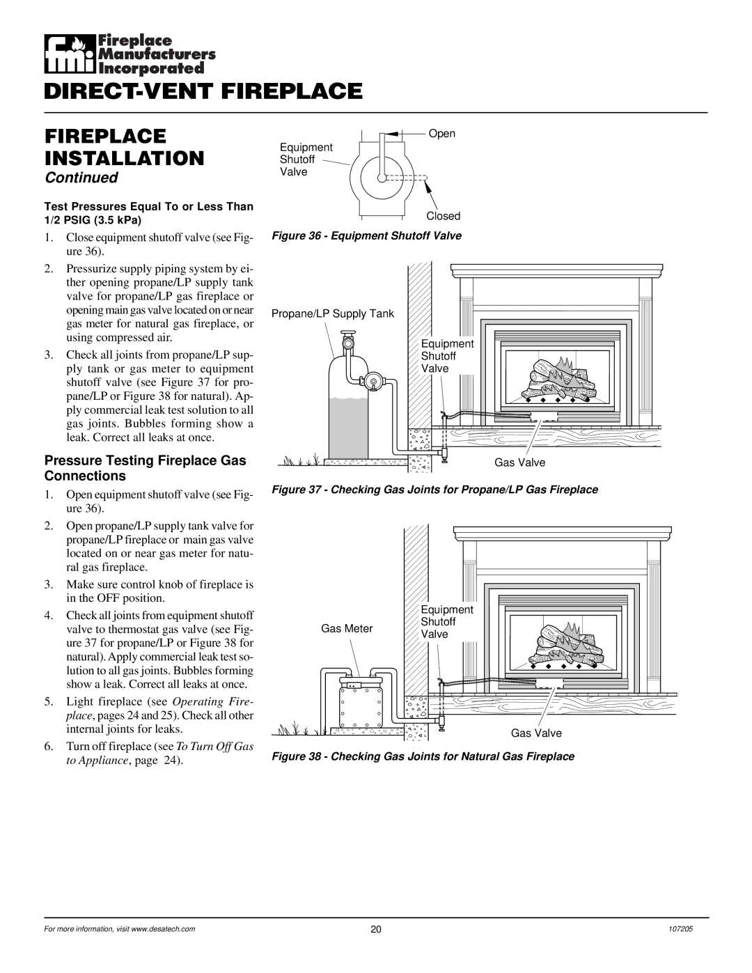 Desa DVFE34 installation manual Pressure Testing Fireplace Gas Connections, Close equipment shutoff valve see Fig- ure 