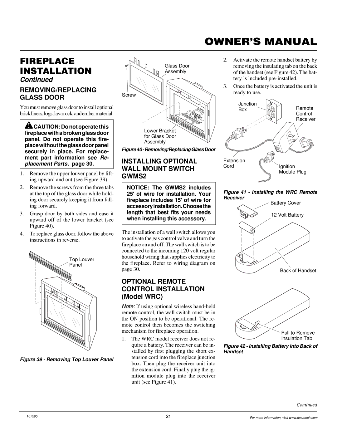 Desa DVFE34 installation manual REMOVING/REPLACING Glass Door, Installing Optional Wall Mount Switch GWMS2 