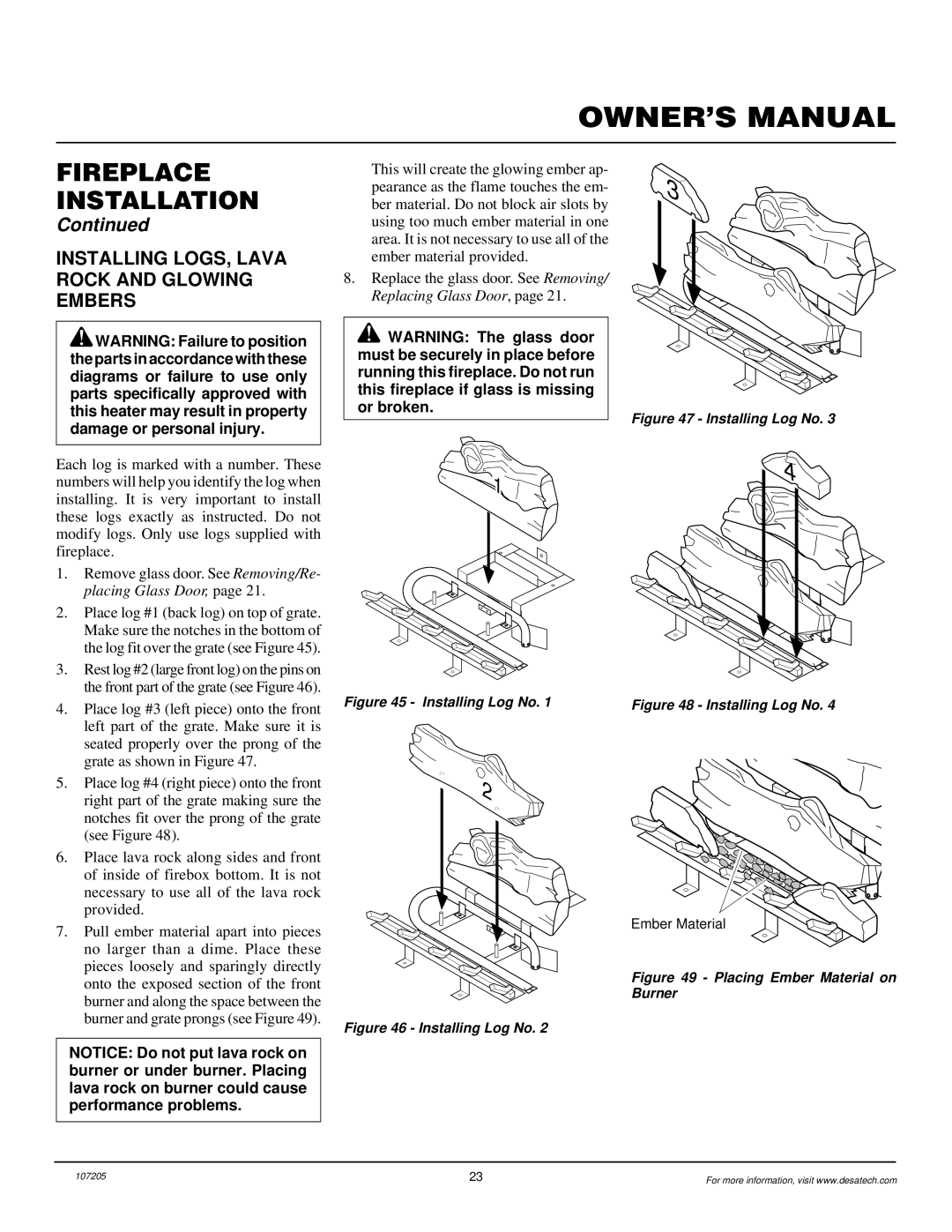 Desa DVFE34 installation manual Installing LOGS, Lava Rock and Glowing Embers, Installing Log No 