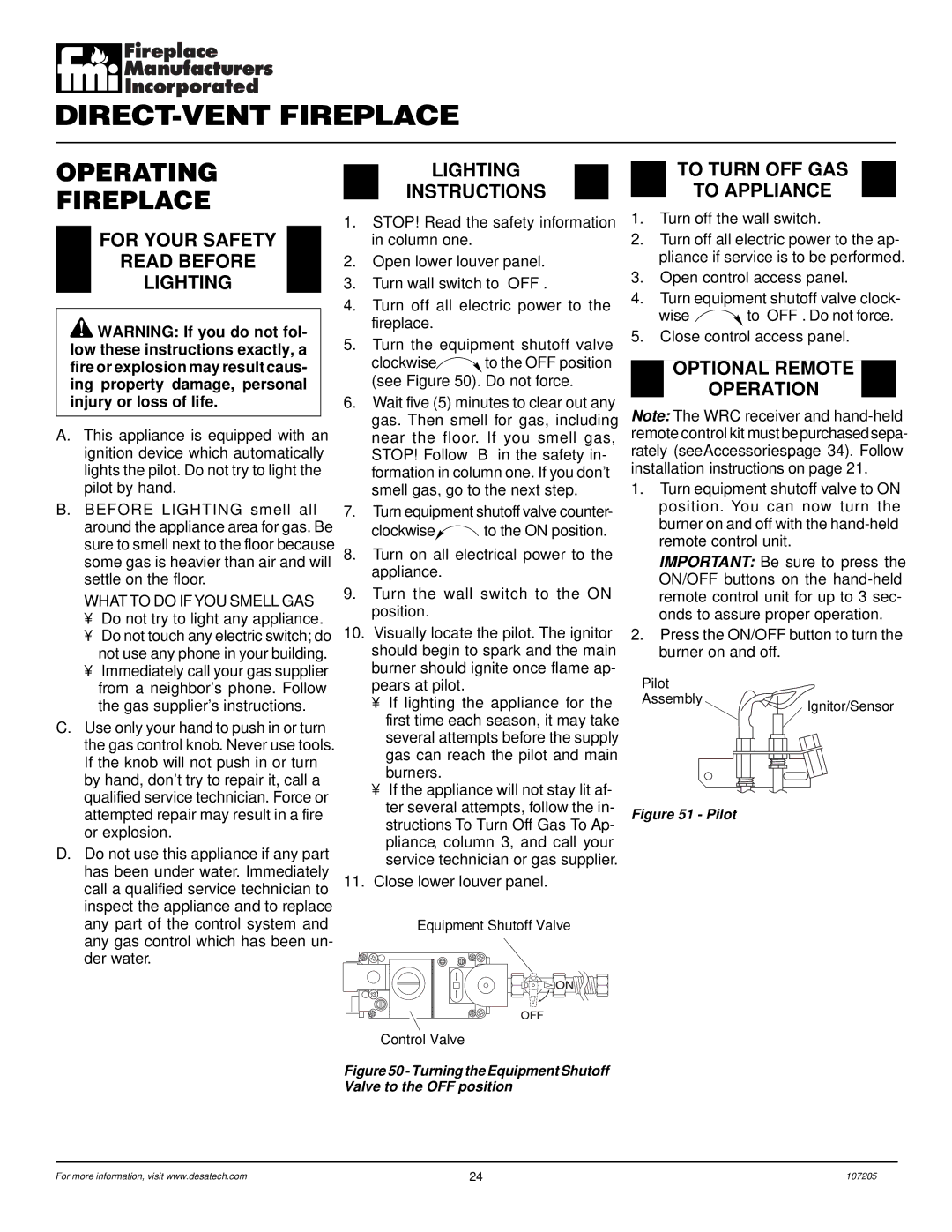 Desa DVFE34 Operating Fireplace, For Your Safety Read Before Lighting, Lighting Instructions, To Turn OFF GAS To Appliance 