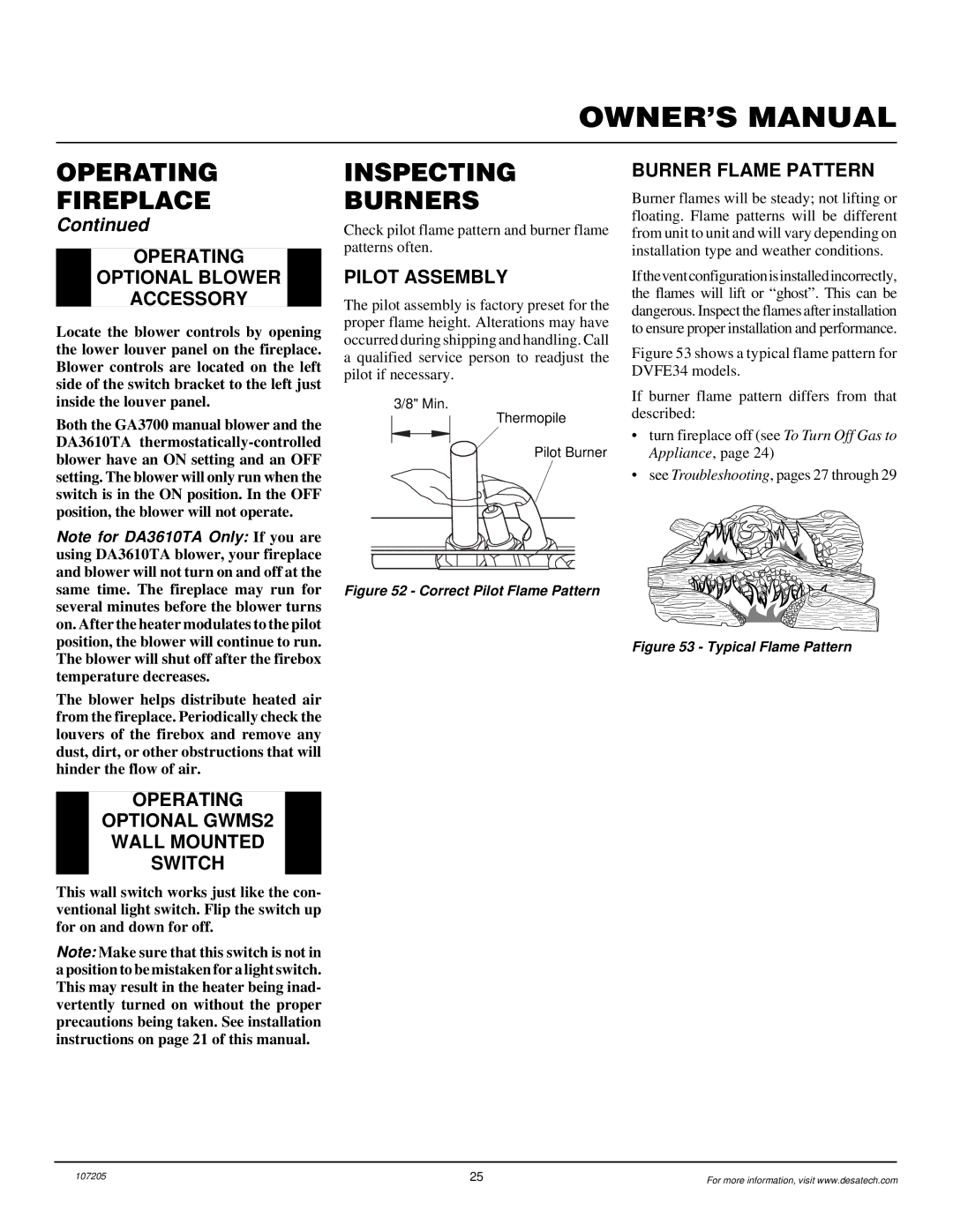 Desa DVFE34 Inspecting Burners, Operating Optional Blower Accessory, Operating Optional GWMS2 Wall Mounted Switch 