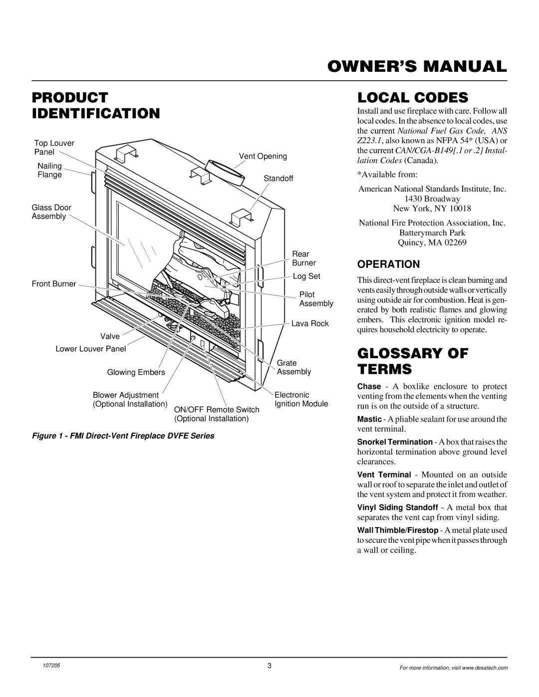 Desa DVFE34 installation manual Product Identification, Local Codes, Glossary Terms, Operation 