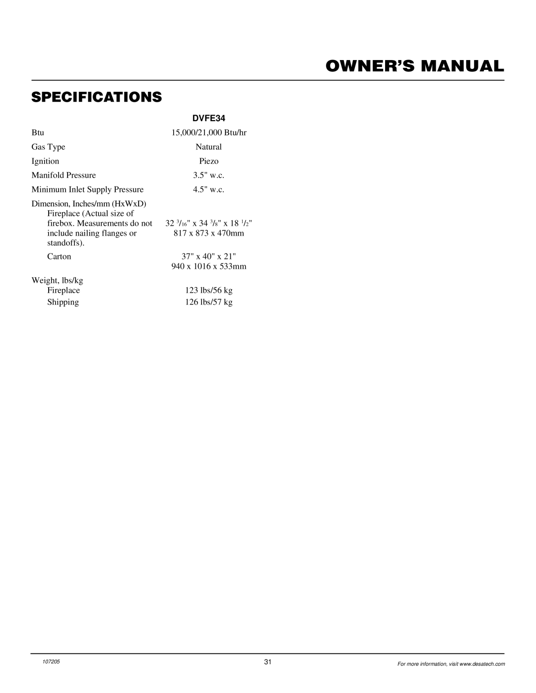 Desa DVFE34 installation manual Specifications 