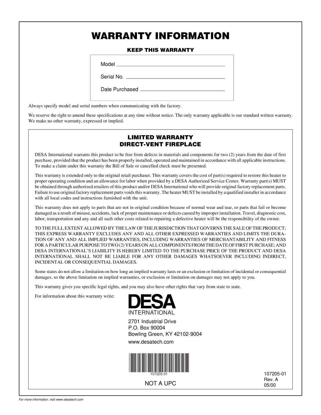 Desa DVFE34 installation manual Warranty Information 