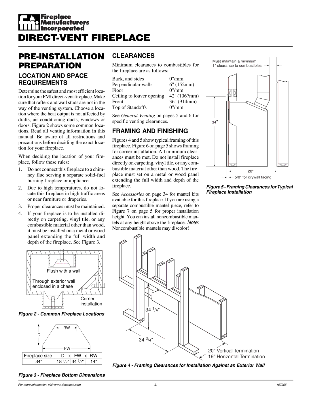 Desa DVFE34 PRE-INSTALLATION Preparation, Location and Space Requirements, Clearances, Framing and Finishing 