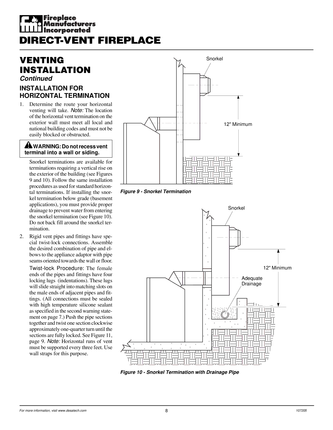 Desa DVFE34 installation manual Installation for Horizontal Termination, Snorkel Termination 