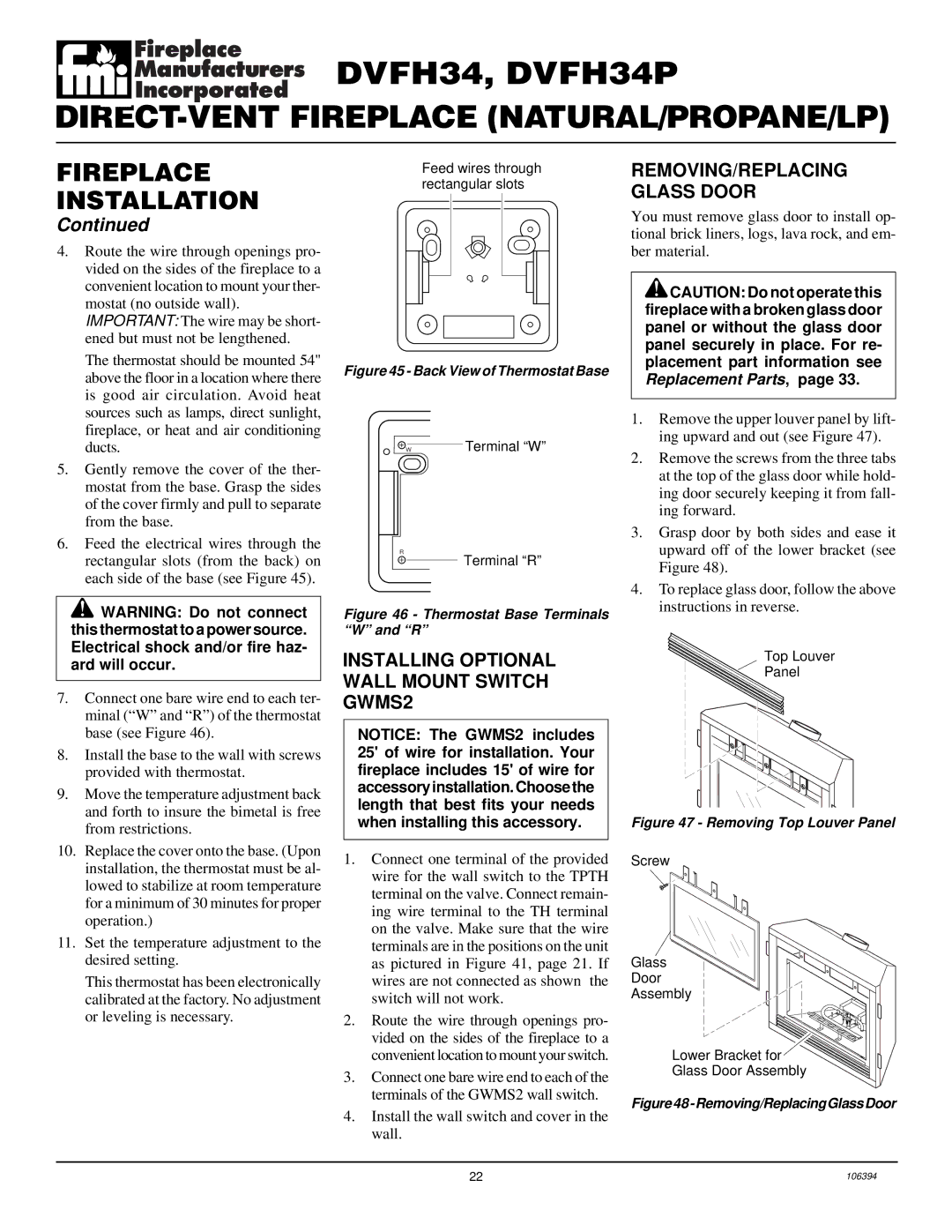 Desa DVFH34P installation manual Installing Optional Wall Mount Switch GWMS2, REMOVING/REPLACING Glass Door 