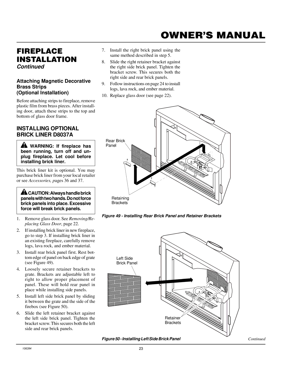 Desa DVFH34P installation manual Installing Optional Brick Liner D8037A, Installing Rear Brick Panel and Retainer Brackets 