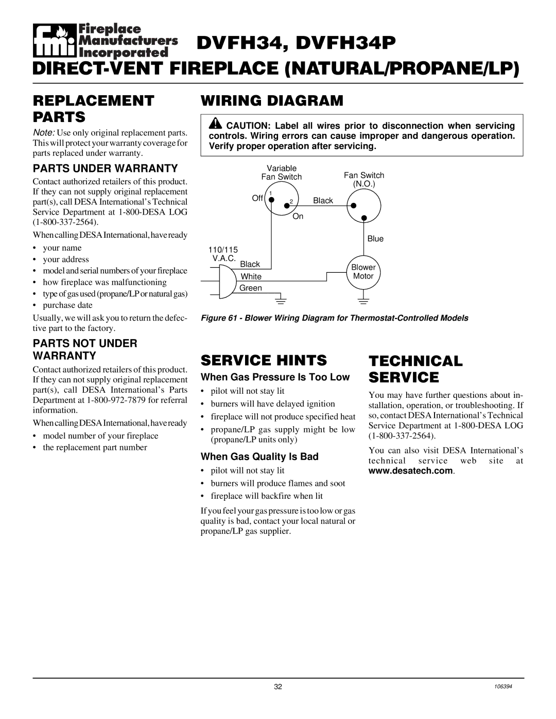 Desa DVFH34P installation manual Replacement Parts, Wiring Diagram, Service Hints, Technical Service 