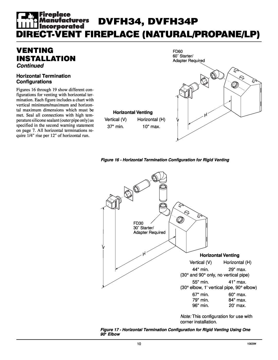 Desa installation manual DVFH34, DVFH34P, Direct-Ventfireplace Natural/Propane/Lp, Venting Installation, Continued 