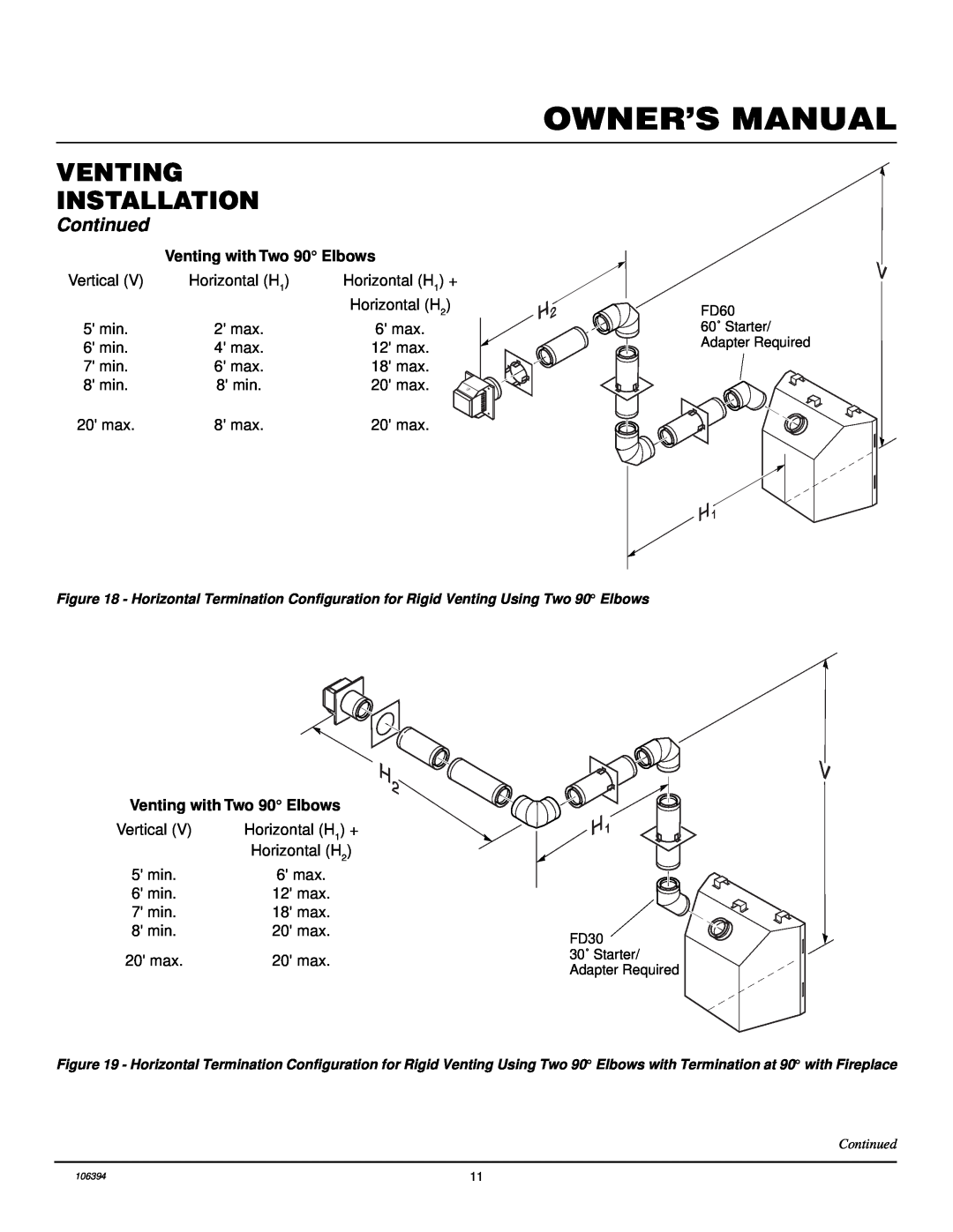 Desa DVFH34P installation manual Venting Installation, Continued, Venting with Two 90 Elbows 